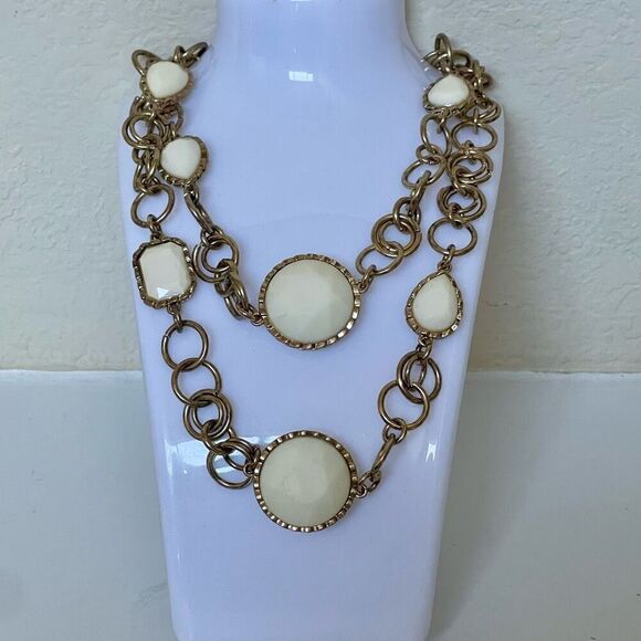 J. Crew Cream Medallion Wide Link Gold Toned Necklace Womens Single Strand Chain - Picture 1 of 5